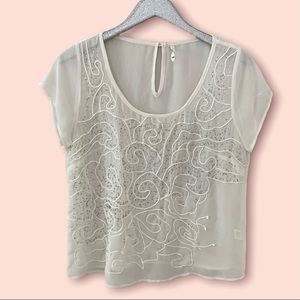 Willow & Clay Sheer White Blouse with Beaded Flower Design